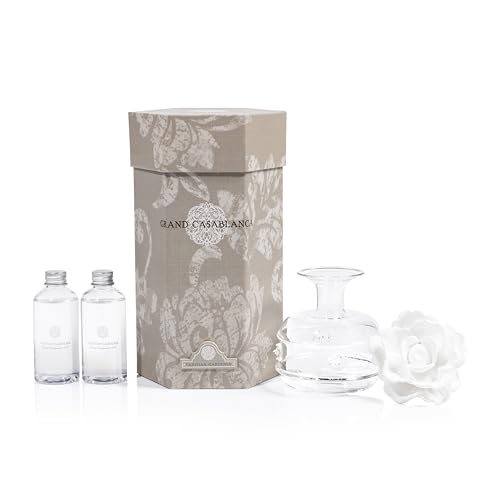 Zodax Grand Casablanca Porcelain Oil Diffuser - Home Fragrance Oil Diffuser Ideal for Living Room, Bathroom, Office - Flower Design - Gift Box Packaging Included - Tahitian Gardenia - 6.76 Oz.