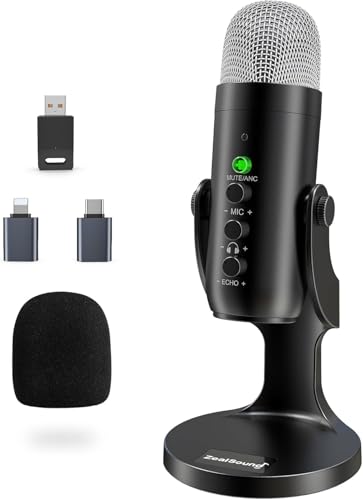 ZealSound Wireless Microphone for PC, Noise Cancellation Podcast Mic with Gain, Mute, Monitor & Echo...