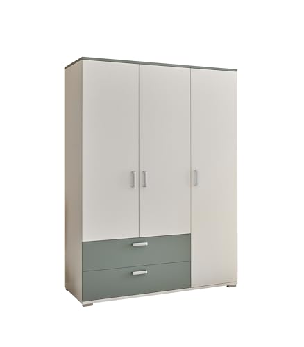 AVANTI TRENDSTORE - Barbania - Armadio a 3 ante battenti e 2 cassetti, in legno laminato. Disponibile in colore Salvia/bianco. Dimensioni: ca. LAP 150x203x58cm