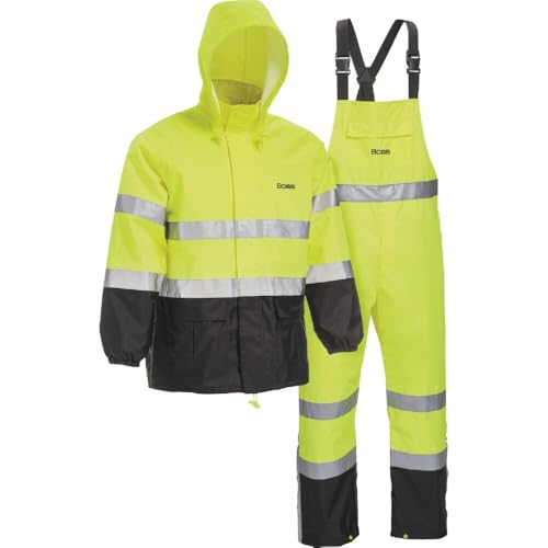 Boss Unisex High Visability ANSI Class III Rain Suit Jacket and Bib with Color Block, High Visability, Water Resistant, and Reflective 3M Tape, Yellow, Black, Large (B44530-L)