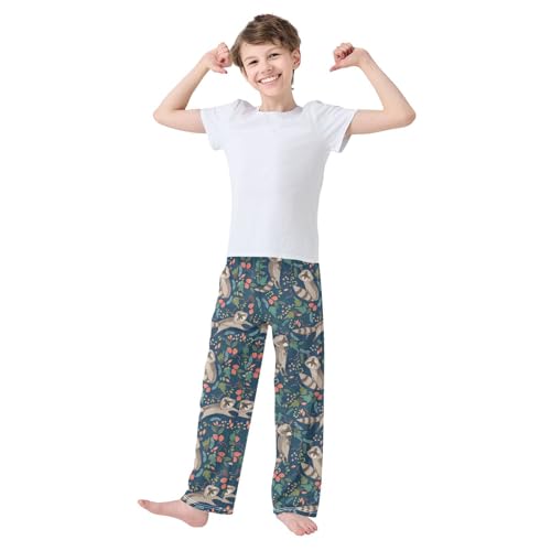 ZZXXB Raccoon and Leaves Boys Long Pants Soft Trousers Elastic Waist Kids Lounge Bottoms with Pockets S-XL2