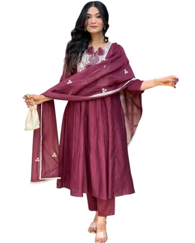 Image of Women's Cotton Printed Anarkali Kurti with Pant and Mulmul Dupatta Set