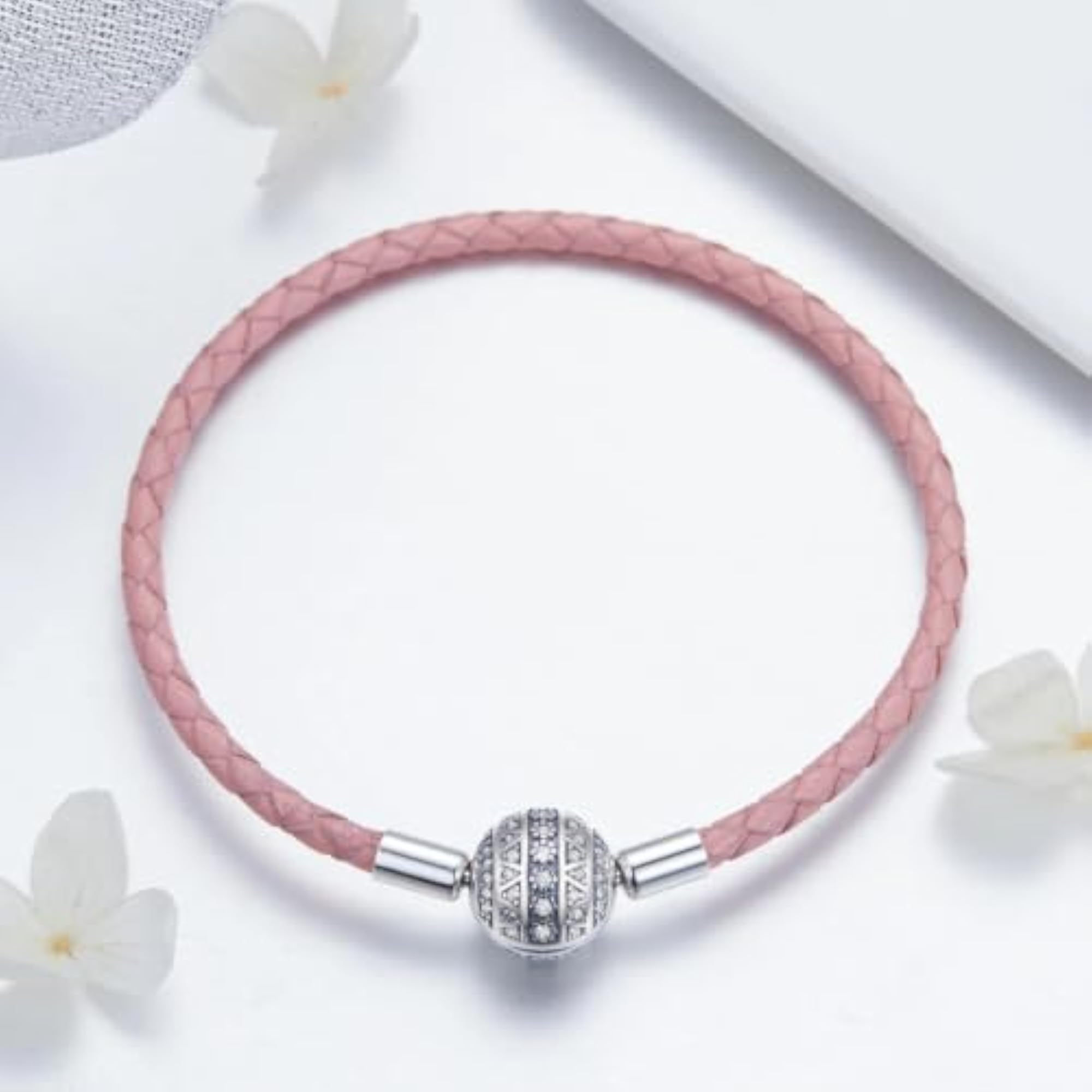 Women's 925 Sterling Silver Rose Leather Charm Keeper Bracelet