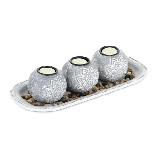 Relaxdays Set Portavelas con Bandeja y Piedras Decorativas, 35 cm de Largo, 3...