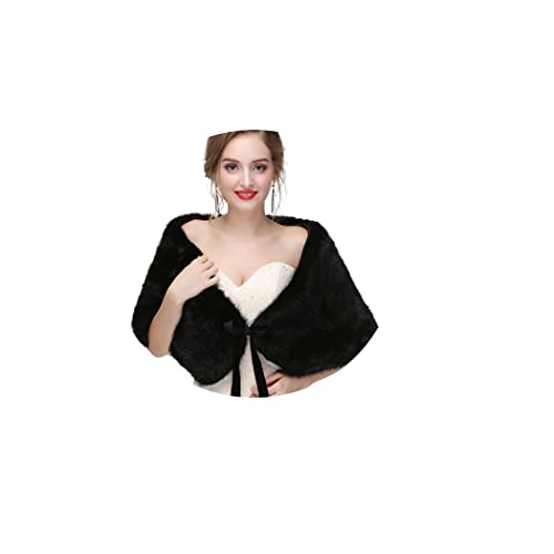 Bounzhi Women 's Wedding Faux Fur Shawl Wraps Bridal Wedding Scarf Stoles Wedding Faux Fur shrug Shawl Fur Cover up with ribbon for Bride and Bridesmaids (Black)