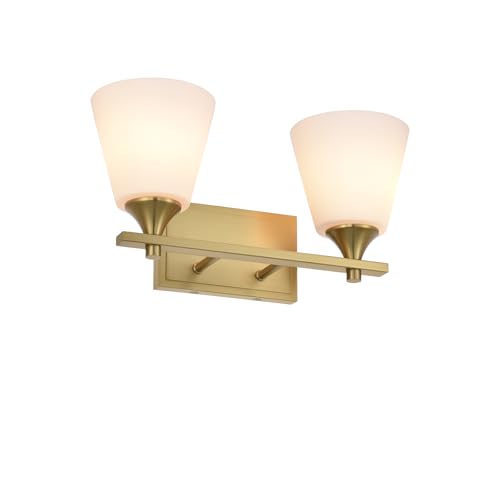 Image of Brass Bathroom Vanity Light Fixtures, 2 Lights Traditional Gold Vanity Lighting Fixture with Opal Glass Shade, Porch Wall Mount Light Fixture for Bathroom, Mirror Cabinets Hallway Stairs, Aged Brass