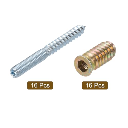 Image of uxcell M6x60mm Hanger Bolts, 16pcs 31mm Wood Dowel Screw Self-Tapping Screw with 16pcs M6x24mm Threaded Insert Nuts Interface Hex Socket Drive, for Joint Furniture Legs