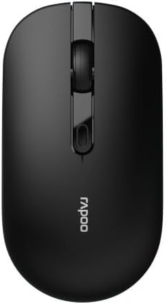 Жогорудан төмөн view of the Rapoo 1530 Silent Wireless Optical Mouse, black, highlighting the left and right click buttons, and the scroll wheel.
