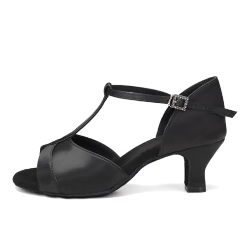 HIPPOSEUS Zapatos de Baile Latino Negro Mujer Puntera Abierta para Salsa y Bachata Tacon 5cm,EU 38.5