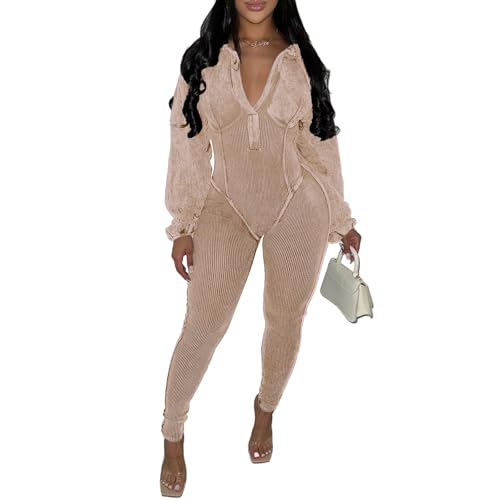 PUXOBYKU Womens Jumpsuits Casual Romper V Neck Bottom Pants Loose Long Sleeve Bodysuit Bodycon Sexy One Piece (Khaki,M) by PUXOBYKU - Used condition - US$45.01