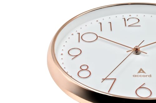 Image of Premium Contemporary Analog Wall Clock with Silent Sweep Noiseless Movement - Rose Gold Frame - HD Clear Glass Surface - 12 inch / 30.5 cm - Model TIME Square in Rose Gold