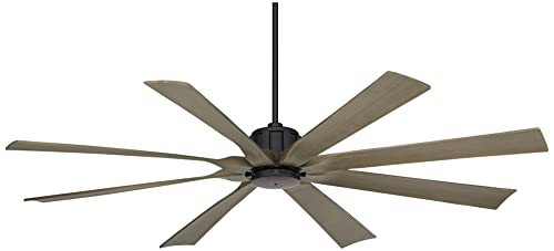 Possini Euro Design 70\" Defender Industrial Rustic Indoor Outdoor Ceiling Fan with Remote Control Matte Black Weathered Oak Damp Rated for Patio Exterior House Home Porch Gazebo Garage Barn Roof