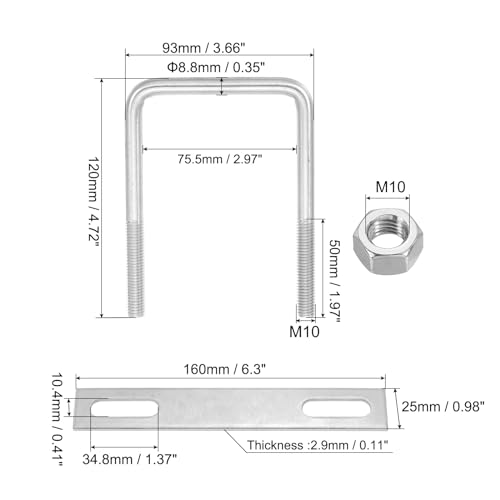 Image of PATIKIL M10x75x120mm Square U-Bolts Kit, 2Set 304 Stainless Steel Square U Shaped Bolts Replacement Parts with Frame Plates and Nuts for Ski Board Sailboat Trailer