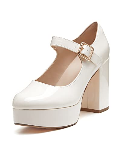 Image of Coutgo Womens' T-Strap Round Toe Chunky Platform Heels Patent Mary Jane Dress Shoes