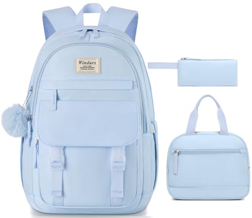 Image of WINDARS School Backpack with Lunch Box for Teen Girls, Cute College Backpacks for Women Students Aesthetic Bookbag Large 15.6 Inch Laptop Bag Middle School Travel Back Pack (Blue-3 Pcs)