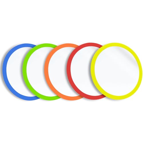 Pocutorai five-pack of round 4.8-inch plastic kids mirrors in bright frame colours — shows the small durable format for group activities