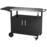 Vongrasig Outdoor Grill Cart, Patio Kitchen Island with Storage, Outdoor Bar Table BBQ Cart Pizza Oven Table with Foldable Stainless Steel Top & Wheels, Black