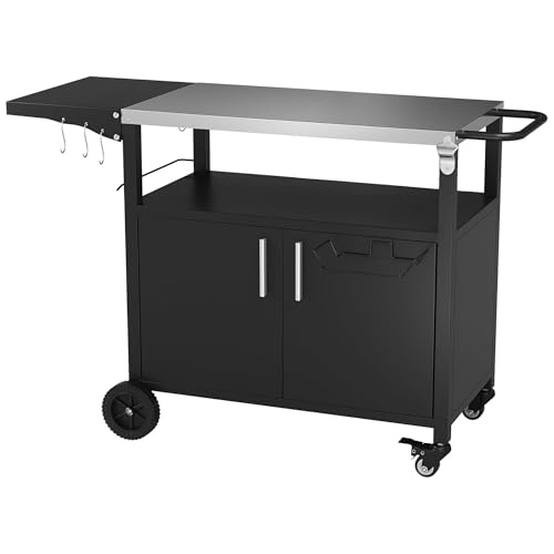 Vongrasig Outdoor Grill Cart, Patio Kitchen Island with Storage, Outdoor Bar Table BBQ Cart Pizza Oven Table with Foldable Stainless Steel Top & Wheels, Black