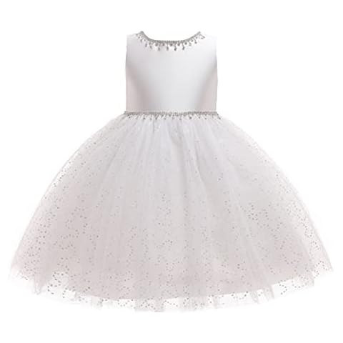 Weileenice White Flower Girl Dress Sequin Tulle 3 Kids Church First Holy Communion Wedding Prom Ball Gown Rhinestones Little Girls Easter Birthday Holiday Party Elegant Princess Dresses Photo Shoot Cover