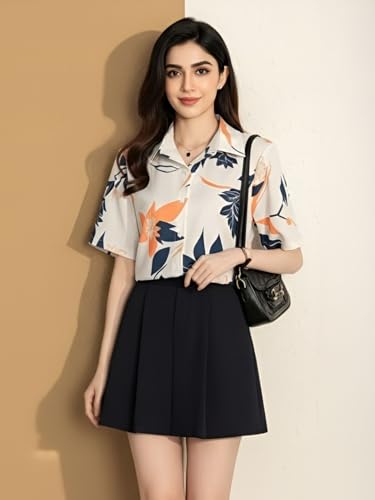 Image of Trendy Queen Women's Short Sleeve Button-Down Shirt | Printed Casual Crop Top | Stylish Collared Shirt for Women | Oversized Shirt for Women