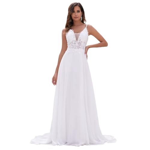 Chiffon Wedding Dresses for Bride Lace Appliques V Neck Long Beach Spaghetti Straps Simple Bridal Gown with Slit