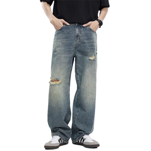 Men Baggy Loose Straight Hip Hop Distressed Ripped Male Denim Pants Hollow Out Vintage Wide Leg Jeans