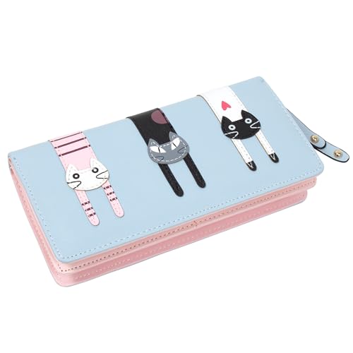 KOTORA Cute Wallet for Women Girls Long Bifold Clutch Bag Mini Cat Embroidery Zip Around Card Holder Coin Purse (Wathet)