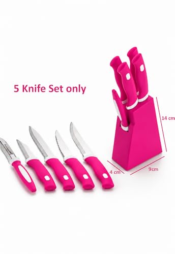 Image of 5-Piece Kitchen Knife Set with Stand, Stainless Steel Blades, Includes Peeler, 14x9x4 cm Block Multicolour (Pink, 5pcs Knife Pink)