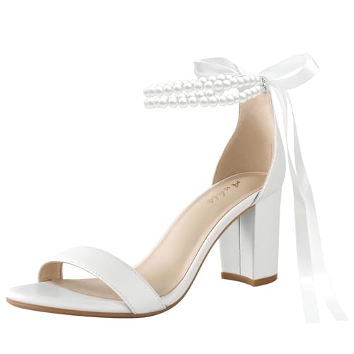 Ankis White Heels Wedding Shoes for Bride Women Chunky Heels Pearl Bow Heeled Sandals 2.75 Inch