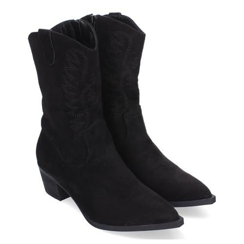 85400 Bota Campera para Mujer, Comodas con Adornos Bordado, Puntera Fina y Cierre de Cremallera, Cualquier ocasion. Negro Talla 39