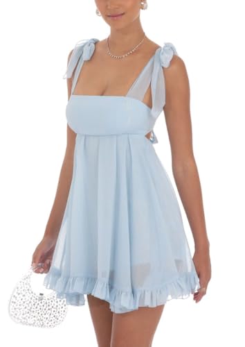 Image of Women Y2k Tie Shoulder Mini Dress Sleeveless Flowy Babydoll Dress Boho Floral Aline Short Sundress