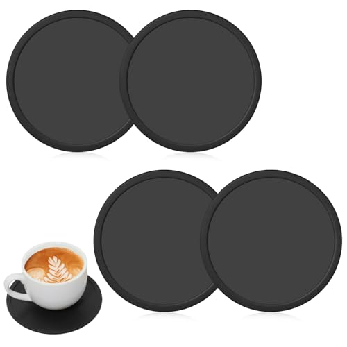 4 Packs Round Silicone Coasters Non Slip Coasters for Drinks Coasters Anti Slip Silicone Coaster Cup Coasters Cup Table Pads Cup Mate Coasters for Drinks Beverage Coffee Tea Coaster(Black)