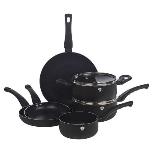 Blaumann 8 Pcs Cookware Set Cooking Pots Pans with Soft Touch Handles Glass Lids (Matt Black)