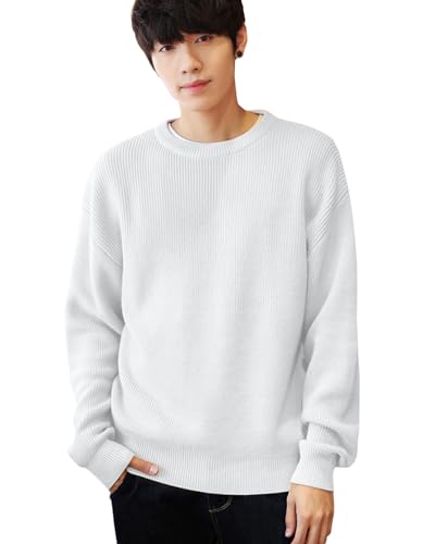 [Boyzn] ニット メンズ 長袖 セーター クルーネック ニットセーター 厚手 メンズ 冬服 トップス カジュアル ゆったり 暖かい 丸首 ニット セーター メンズ 防寒着 秋服 プルオーバー カットソー White-L