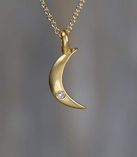 White Sapphire Gemstone Crescent Moon Pendant Necklace- 24K Matte Gold Vermeil- Women's Jewelry Gift Idea- September Birthstone Birthday #TOP1