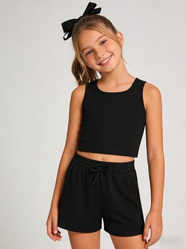 Image of Cakaner Tween Girls 2 Piece Outfit Set Summer Tank Top and Elastic Waist Shorts with Belt Size 7-14