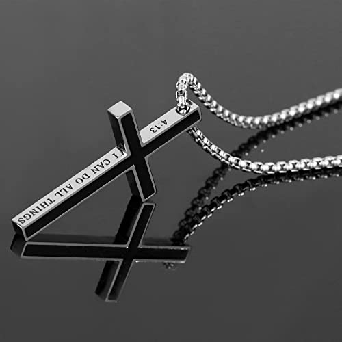 Black Cross Necklace For Men Christian Philippians 4:13 Cross Necklace For Boys, Mens Cross Chain Engraved I Can Do All Things Through Christ Necklace, Stainless Steel Cross Necklace For Men 22''+2'' Cross Pendant #TOP4