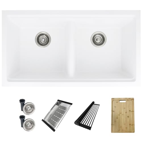Image of Stylish 33 x 18 Inch Composite Granite Workstation Kitchen Sink, Double Bowl Under Mount & Drop in, 9.5 in Deep, with Bamboo Cutting Board, Roll-Up Drying Rack, Colander & Strainers, White, S-833WH