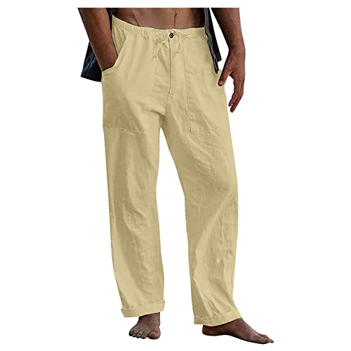 Mens Linen Drawstring Pants Elastic Waist Lightweight Trouser Casual Yoga Summer Beach Pant Baggy Trousers with Pockets