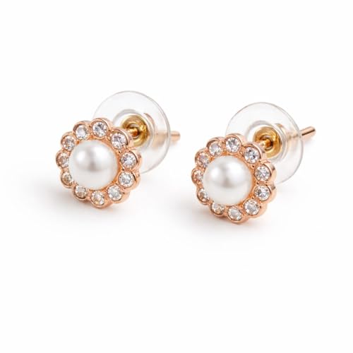 Image of Nilu's Collection Rose Gold Plated Triangular Design Pearl Stud Earrings With American Diamond for Women And Girls | Gift For Her | Anti- Allergy |Anti-Tarnish | Office Wear