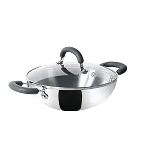 Meyer Trivantage Nickel Free Stainless Steel Triply Kadai | Steel Kadhai with Lid | Steel Cookware with Induction Base | Small Stainless Steel Kadhai | Kadhai for deep Fry, 24cm, Silver