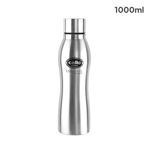 Image of CELLO New Curvy Stainless Steel Water Bottle for Daily Use 1000ml Silver | Single Wall Freezer & Fridge Safe, Rustproof & Leak Proof Lightweight Easy to Carry Water Bottle for Office Travel and Gym