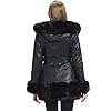 GRAN ORIENTE Women's Faux Leather Coat with Faux Fur Collar,Winter Warm Belted Mid Length Trim Jacket Fur Lined with Hood