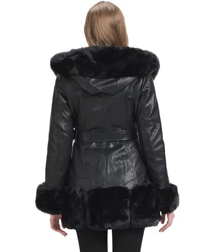 GRAN ORIENTE Women's Faux Leather Coat with Faux Fur Collar,Winter Warm Belted Mid Length Trim Jacket Fur Lined with Hood3