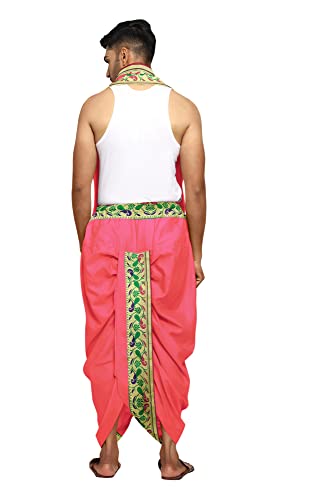 Image of Rameshwaram Fabrics Readymade Dhoti for Men, Velcro Style Stitched Mens Silk Dhoti Pant with Stole Set