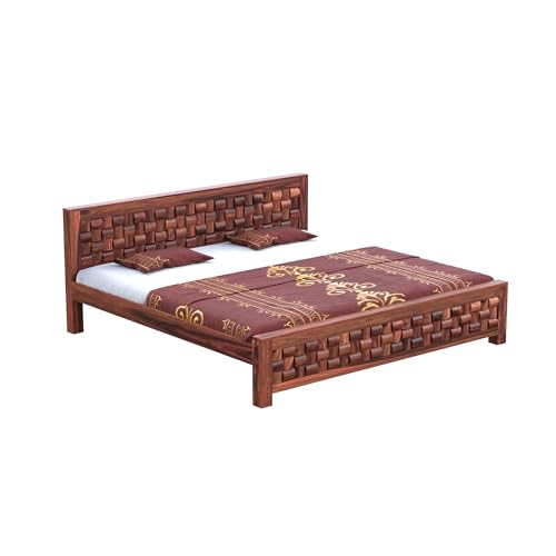 Image of Solid Sheesham Wood Queen Size Bed Without Storage | Wooden Double Bed Cot Bed for Bedroom Furniture | Palang Double Bed for Hotels | Niwar Patti Design, Honey