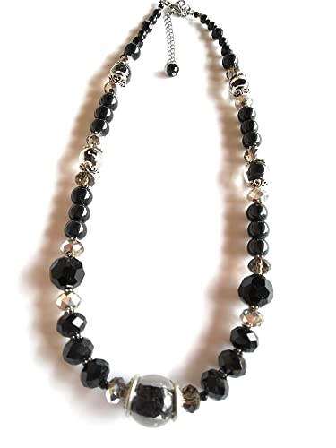 Collier en perles de verre indien bohème noir et gris avec fermoir en acier
