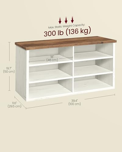 Image of VASAGLE Shoe Bench, Storage Bench, 6 Compartments, Adjustable Shelves, for Living Room, Entryway, Dorm, 11.6 x 39.4 x 19.7 Inches, Rustic White and Honey Brown ULSB036W02