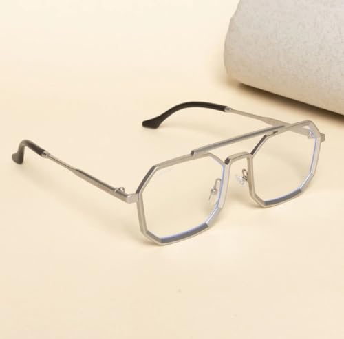 Image of Zero Power Blue Cut Computer Glasses | Anti Glare, Lightweight & Blocks Harmful Rays | 100% UV Protected | Full Rim hexagonal | For Men & Women | Medium (SILVER)(222 SILVER CLR RDNG FRM BZ)