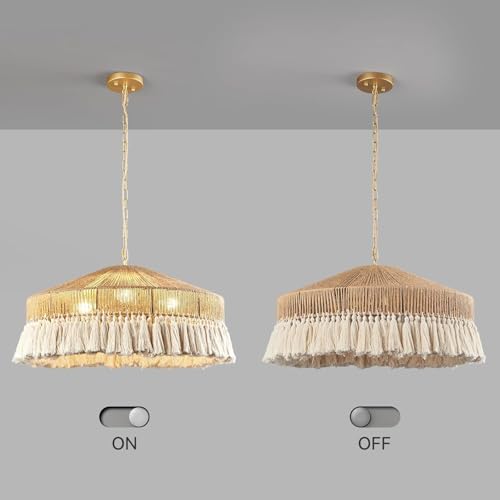 Image of Boho Pendant Light Fixture Bamboo Hanging Light Rattan Woven Wicker Shade Chandelier for Dining Living Bedroom Kitchen Farmhouse Round Raffia Lamp (Bulb not Included)